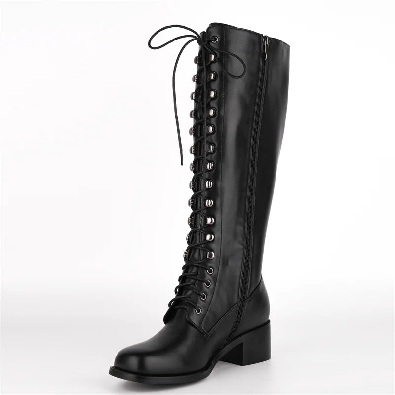 Onlymaker Women Knee High Boots Round Toe Black Matte Gothic Heeled Concise Side Zipper Winter Lace UP Motorcycle Boots
