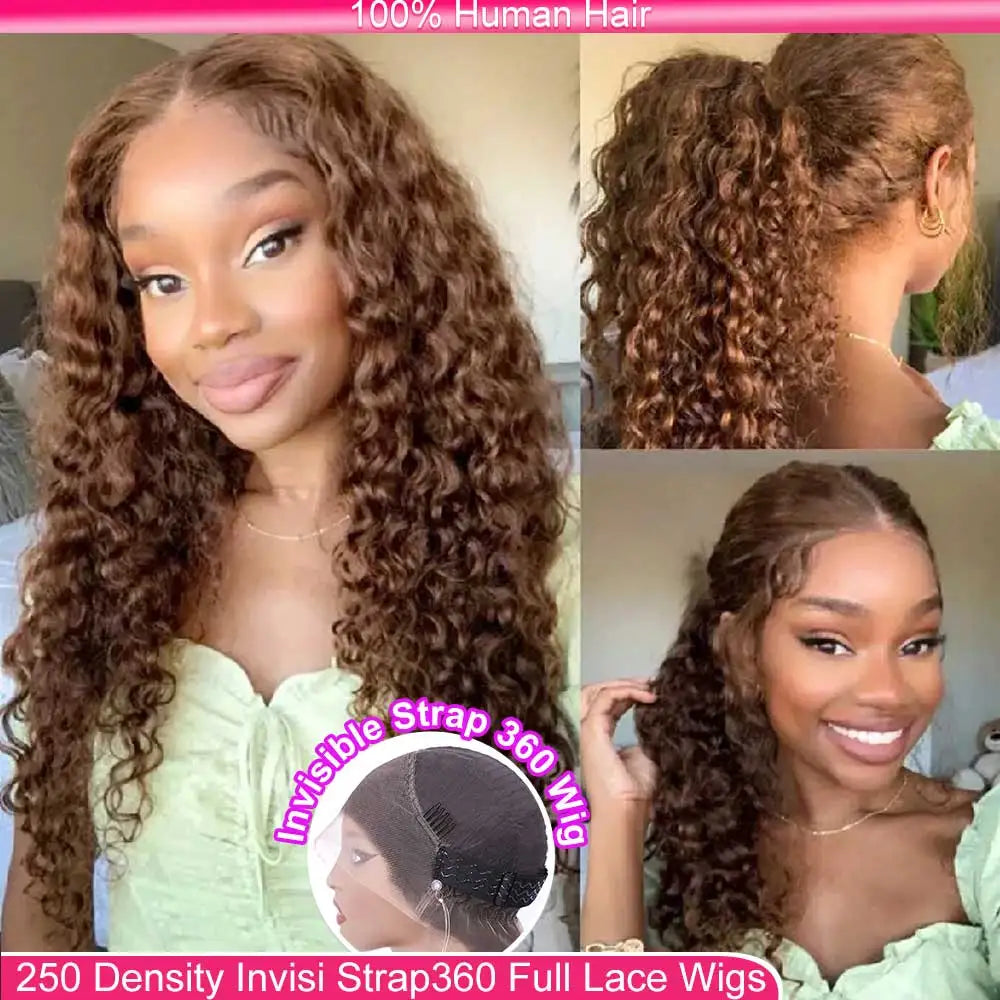 Water Wave 30 32 36Inch Invisible Strap 360 Full Lace Front Wig Chocolate Brown Deep Wave Frontal Wig Glueless Wig Human Hair