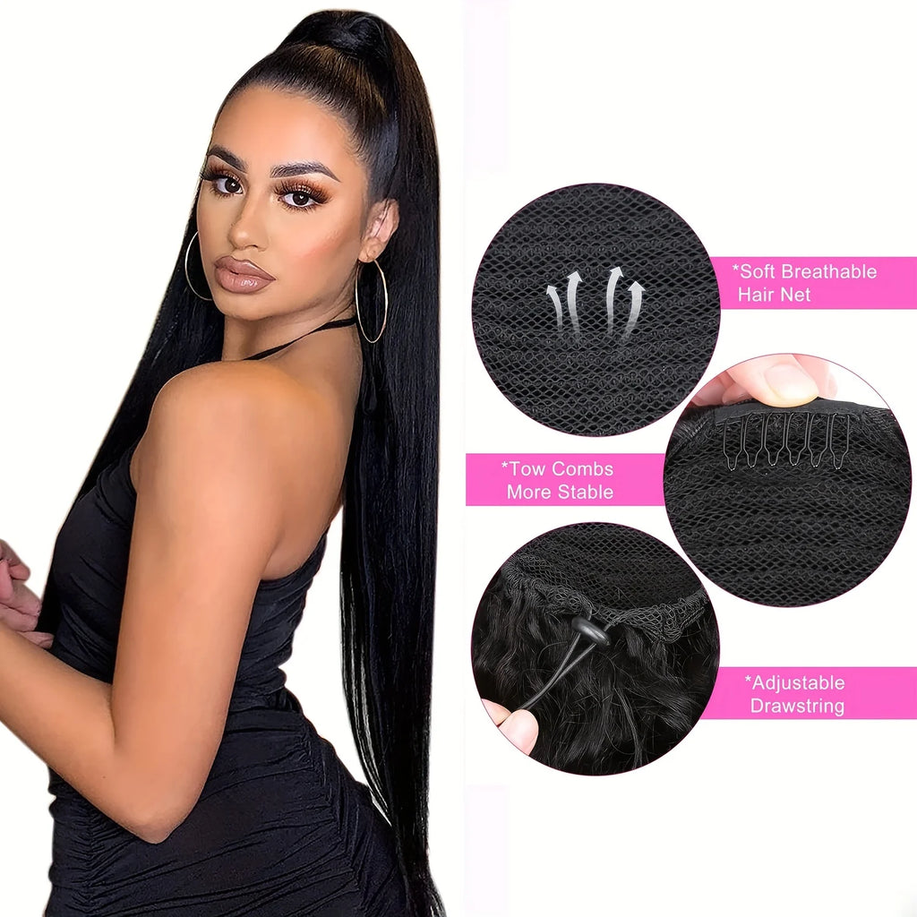 Straight Ponytail 100% Real Human Hair Drawstring Ponytail Clip In Hair Extensions Brazilian Virgin Natural Black Clips Ponytail