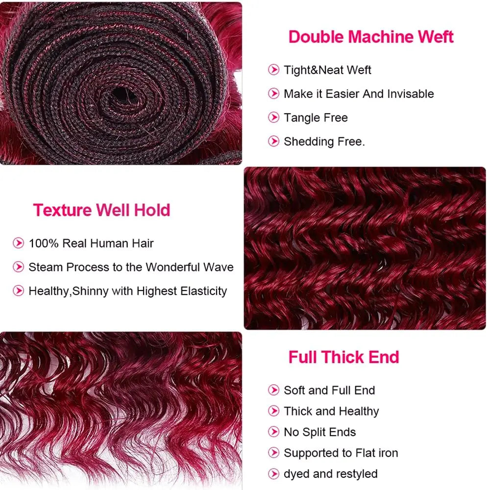 Burmese Curly Hair Bundles Burgundy Human Hair Extensions 99J Red Human Hair Tissage 16-30inch Remy Deep Wave 1/3/4 Bundles Deal