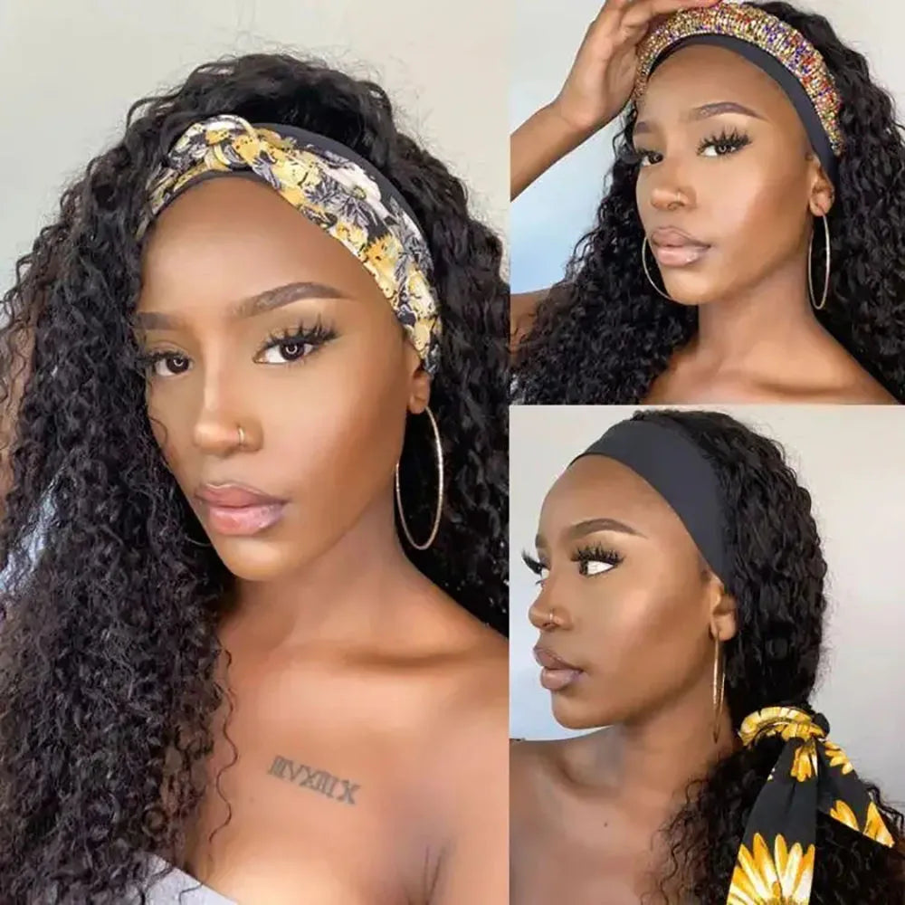 Kinky Curly Headband Wig Human Hair Glueless No Lace Front Wig for Black Women Glueless Machine Made Headband Human Hair Wigs