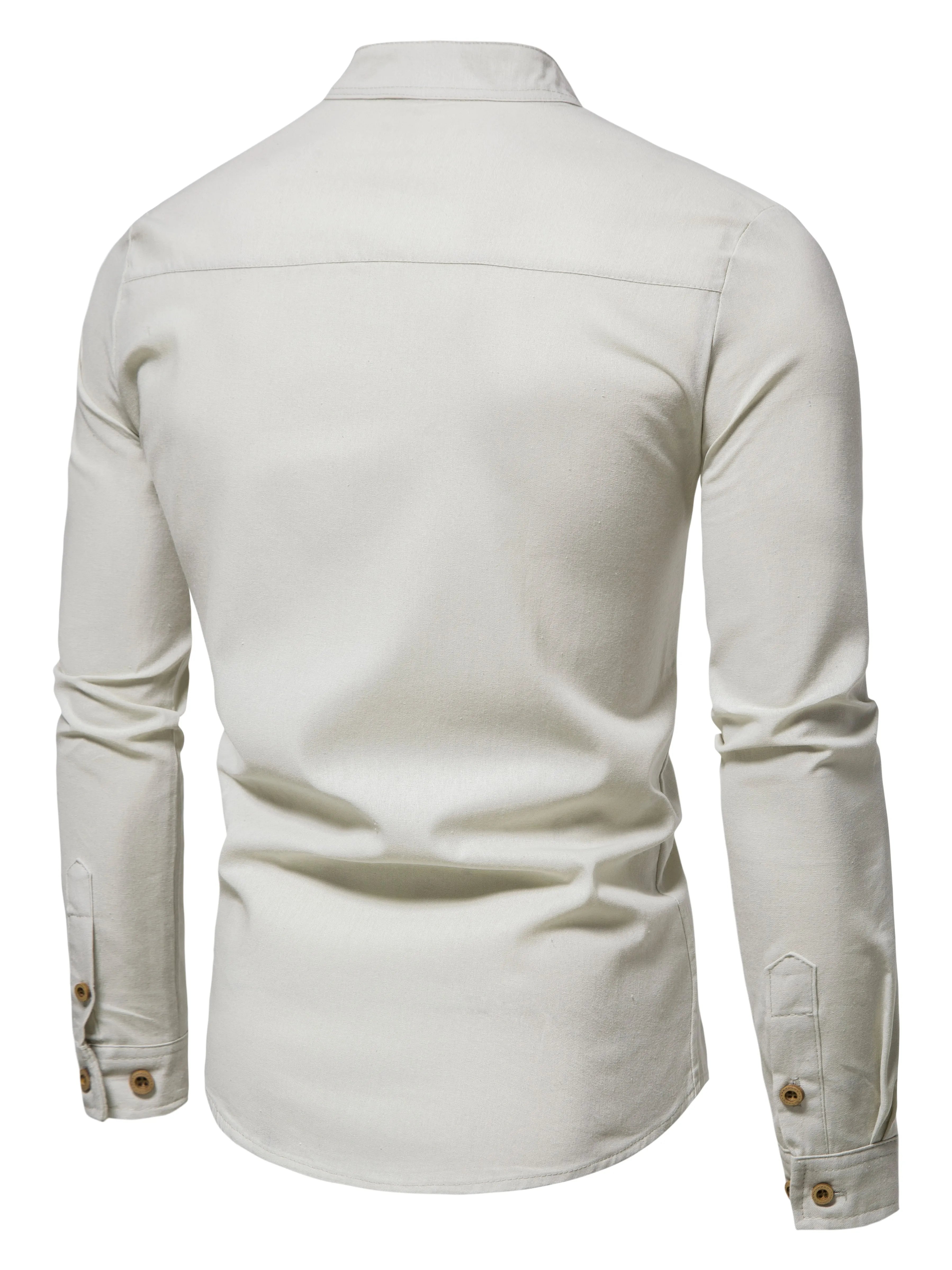 Spring and autumn men's pure cotton solid color shirts, elegant long-sleeved stand-up collar shirts, slim-fit men's shirts