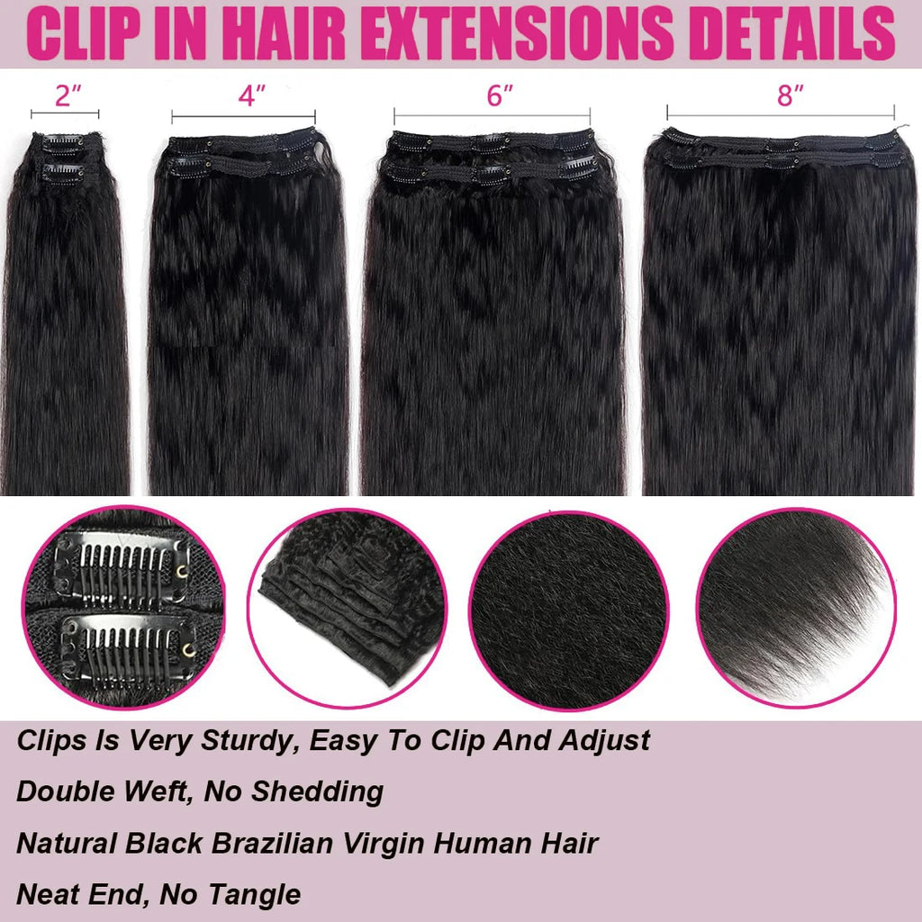 Seamless Kinky Straight Clip In Hair Extensions Brazilian Virgin Human Hair Extensions 8Pcs Clip Ins Human Hair With 18 Clips