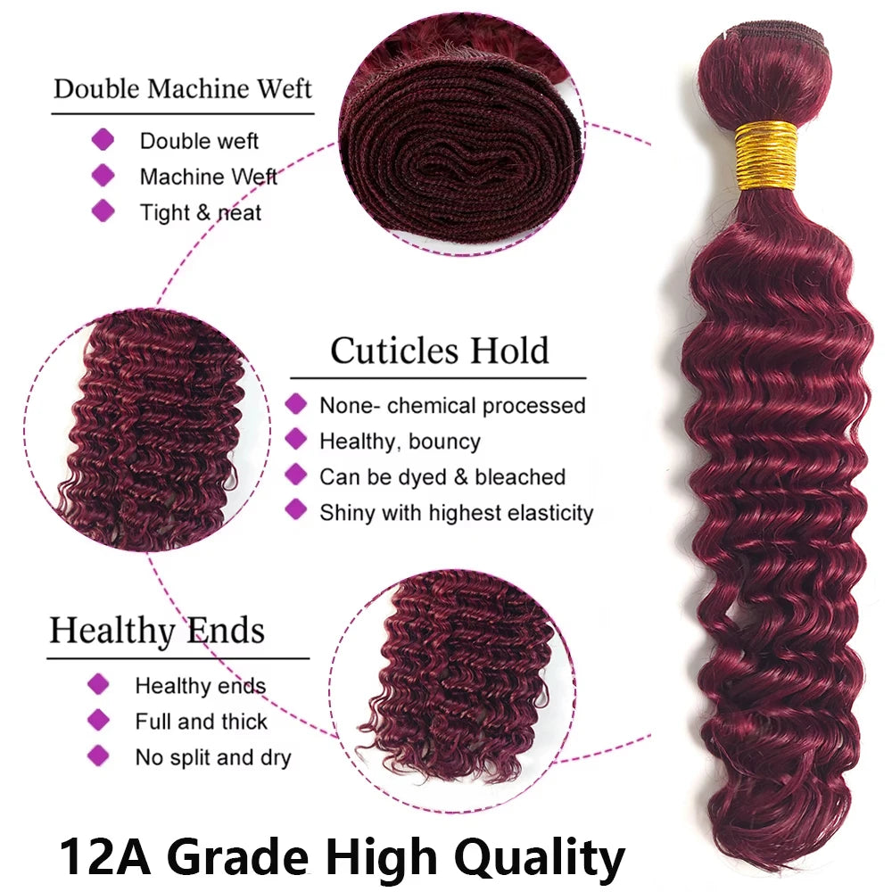 Burmese Curly Hair Bundles Burgundy Human Hair Extensions 99J Red Human Hair Tissage 16-30inch Remy Deep Wave 1/3/4 Bundles Deal