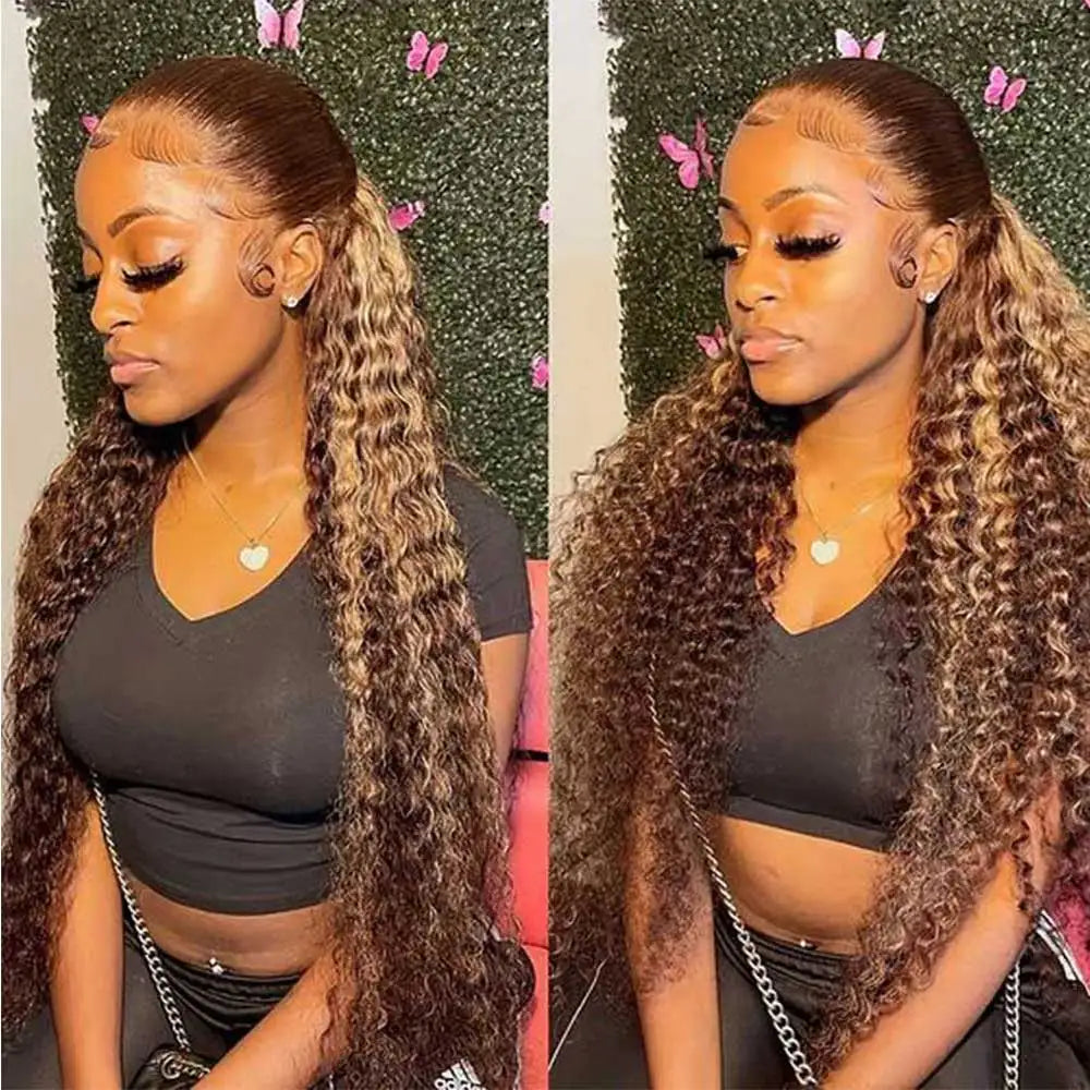 Water Wave 30 32 36Inch Invisible Strap 360 Full Lace Front Wig Chocolate Brown Deep Wave Frontal Wig Glueless Wig Human Hair