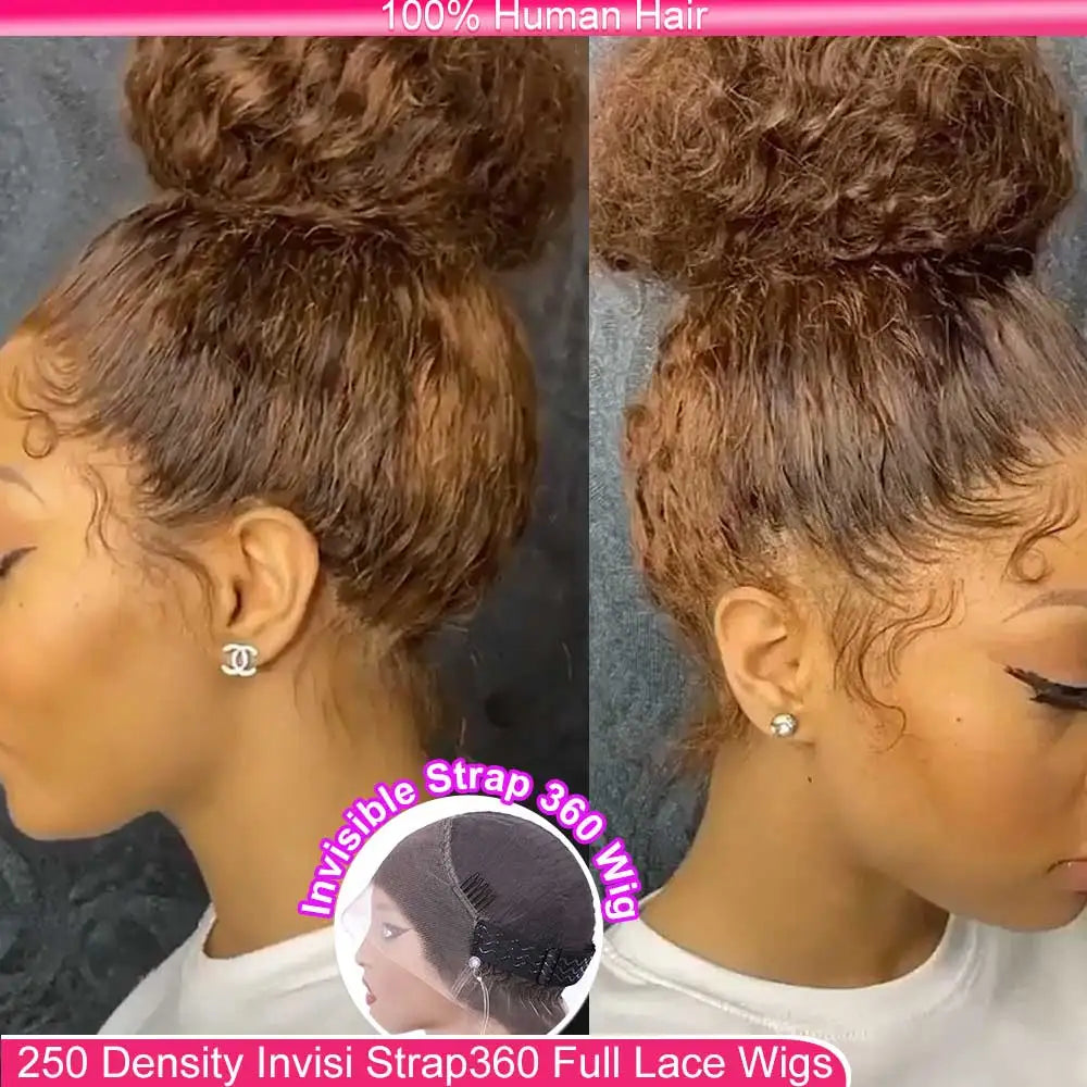 Water Wave 30 32 36Inch Invisible Strap 360 Full Lace Front Wig Chocolate Brown Deep Wave Frontal Wig Glueless Wig Human Hair