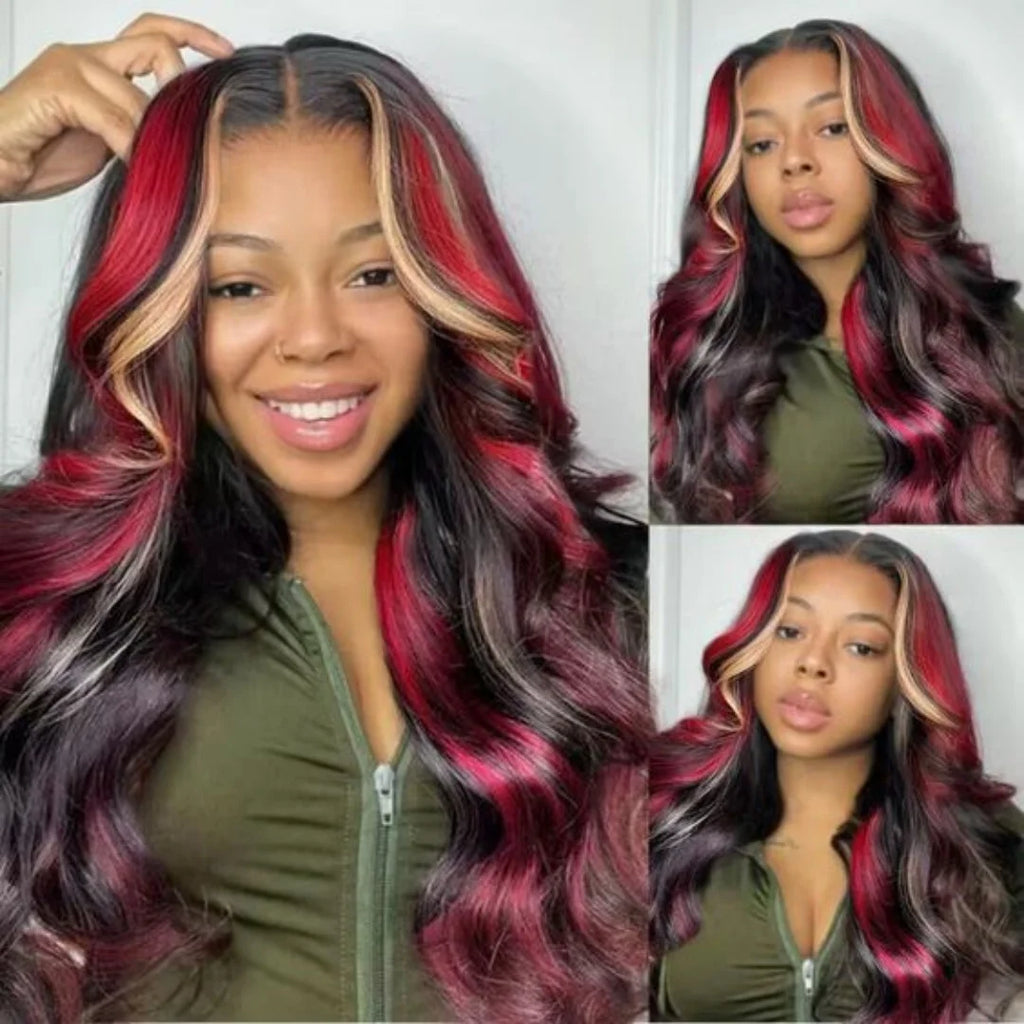 Black With Red Highlight Wig Synthetic Lace Front Wig 13X4 Pre plucked Hairline With BabyHairWomen's Wig with Density Lace Front