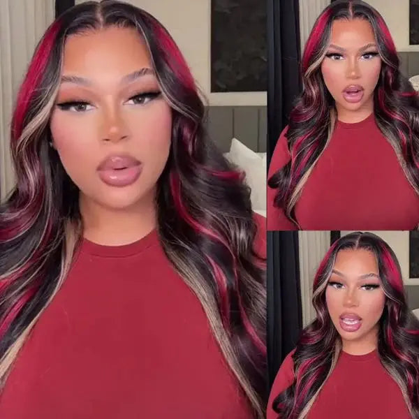 Black With Red Highlight Wig Synthetic Lace Front Wig 13X4 Pre plucked Hairline With BabyHairWomen's Wig with Density Lace Front