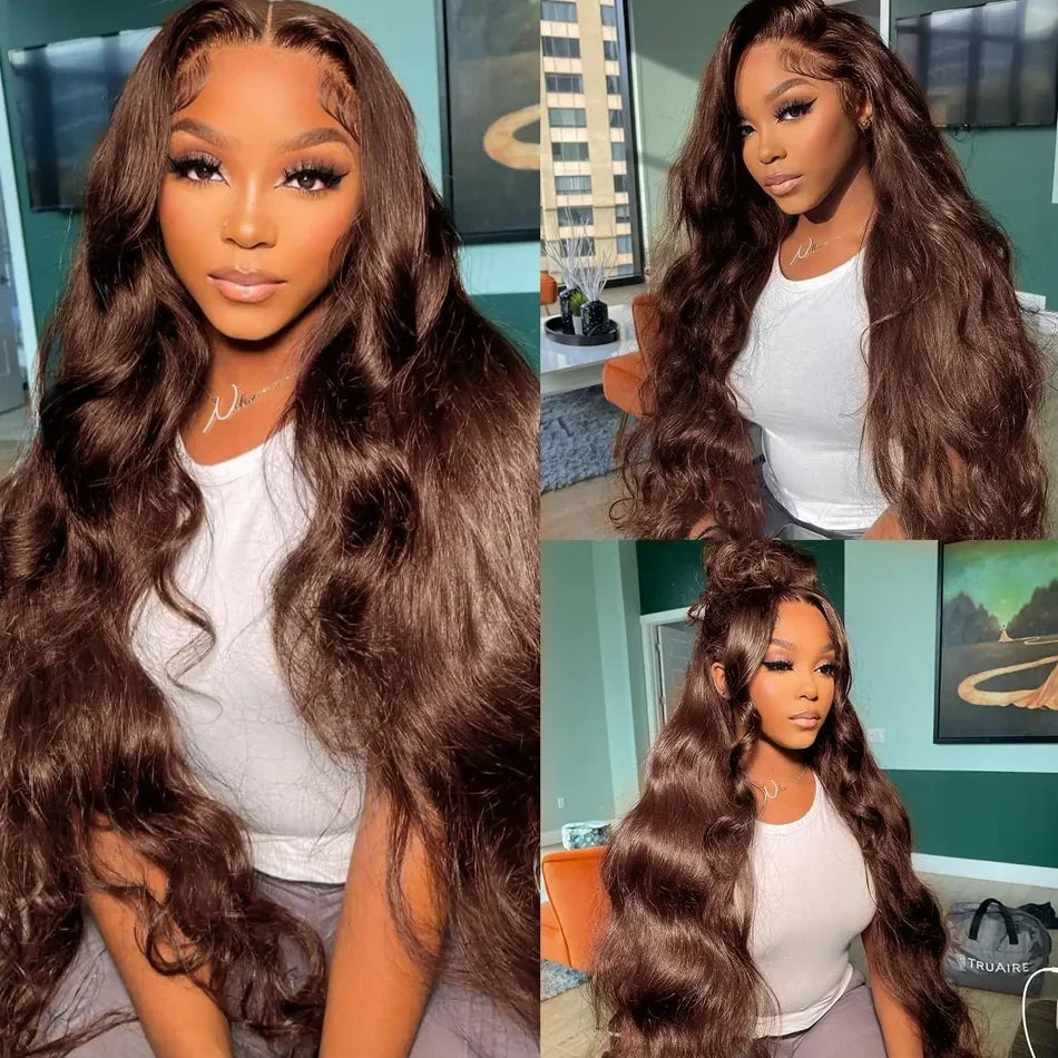 13x6 Chocolate Brown Body Wave Lace Front Wig 360 Full Transparent Lace Frontal Wig Human Hair Preplucked Brazilian Hair