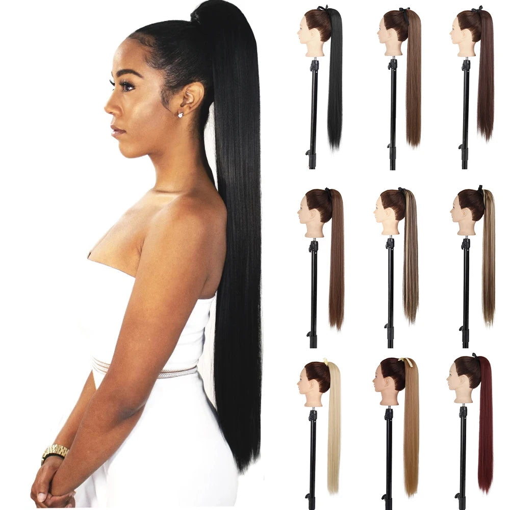LISI GIRL Synthetic 34" 22" Long Straight Ribbon Fake Ponytails Clip on Hair Tail Extensions Black Hair Pieces With Hairpins