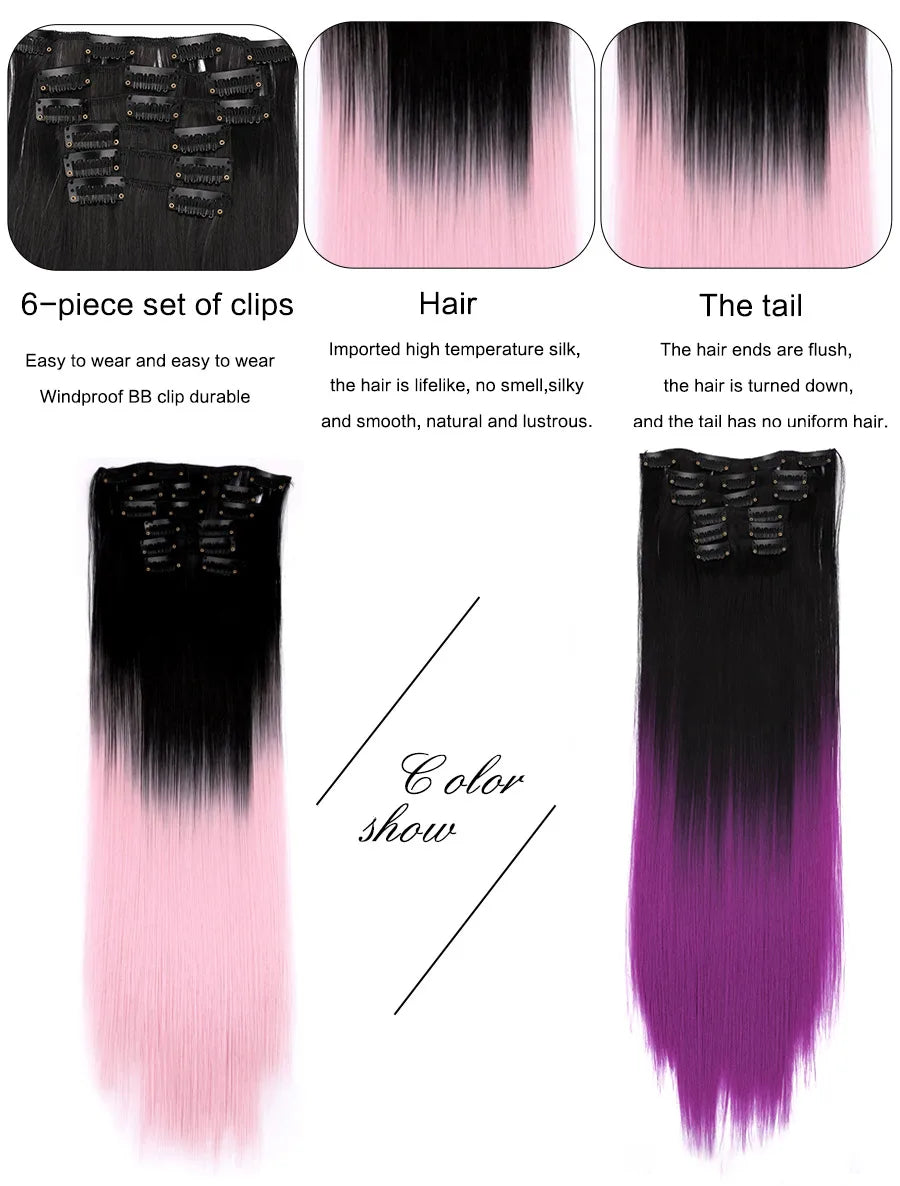 Clip-In Hair Extensions Syntetic Hair 22Inch Long Wave Hair Extensions Ombre Cclip-In One Piece 6Pcs/Set Fake Hairpiece