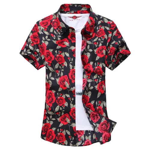 2026 Summer Mens Hawaiian Shirt, Printed Short Sleeve Asian Sizes Hawaii Rose Flower Beach Floral Patterns Shirts S-7XL