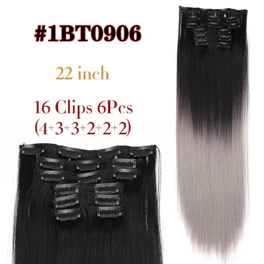 Clip-In Hair Extensions Syntetic Hair 22Inch Long Wave Hair Extensions Ombre Cclip-In One Piece 6Pcs/Set Fake Hairpiece