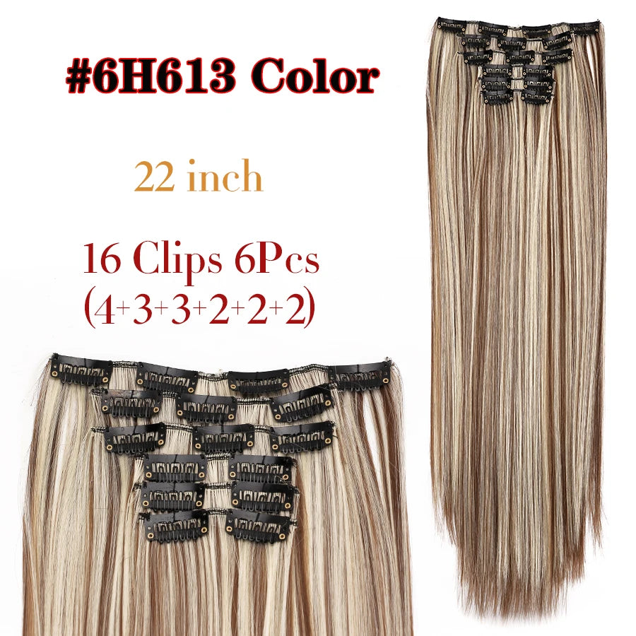 Clip-In Hair Extensions Syntetic Hair 22Inch Long Wave Hair Extensions Ombre Cclip-In One Piece 6Pcs/Set Fake Hairpiece