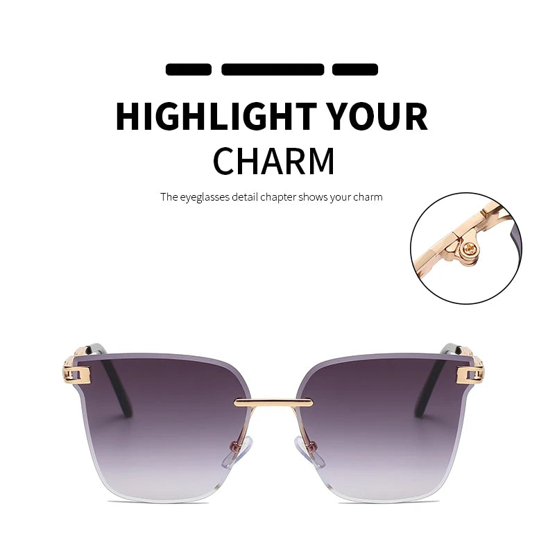 New Sunglasses Women Rimless Cat Eye Eyewear Gradient Brown Cutting Lens Sun Glasses For Female Alloy Eyeglasses Brand Designer