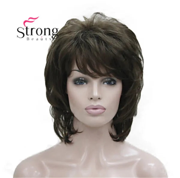 StrongBeauty Short Layered Brown with Blonde Highlighted Classic Cap Full Synthetic Wig Women's Hair Wigs for Women