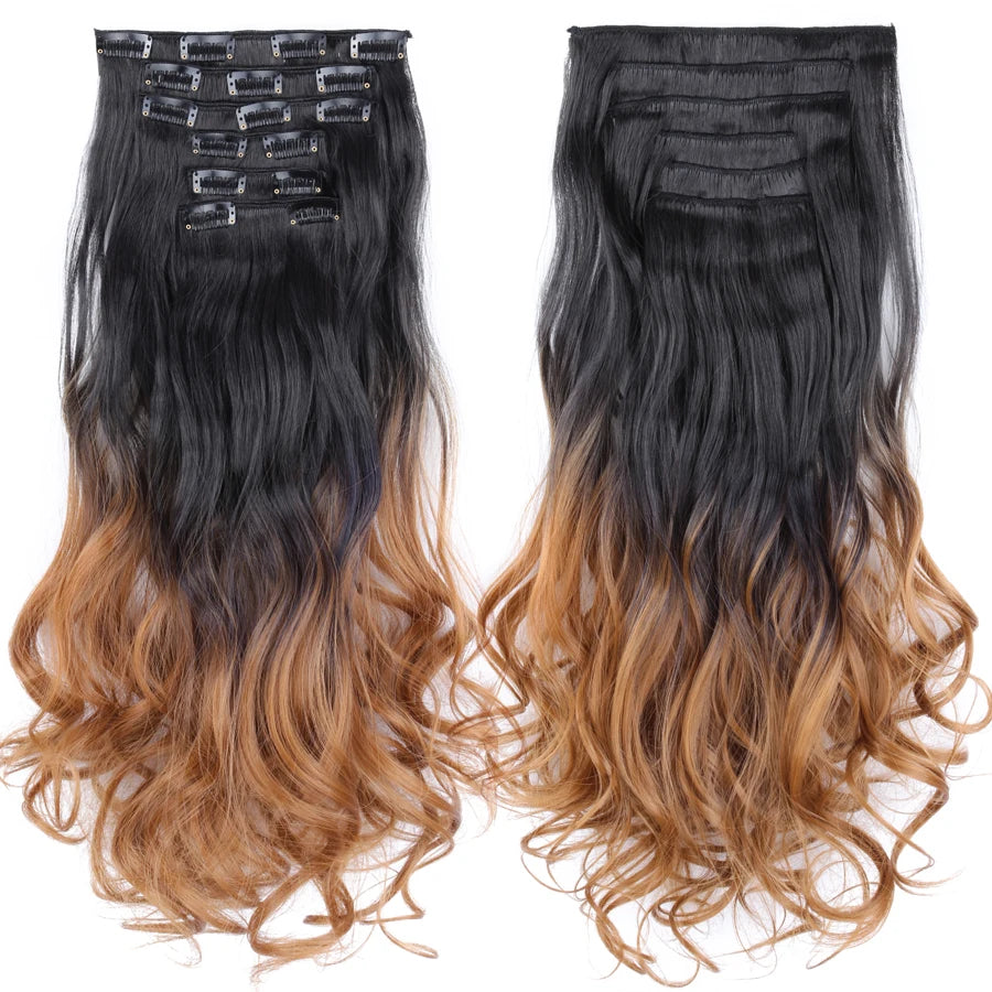 Clip-In Hair Extensions Syntetic Hair 22Inch Long Wave Hair Extensions Ombre Cclip-In One Piece 6Pcs/Set Fake Hairpiece