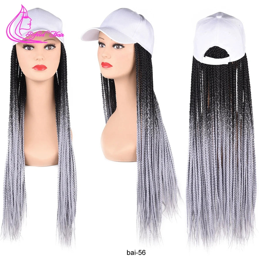 Synthetic Hat Wig Baseball Cap with Braiding Hair 24inch Long Braids Wigs Women Girls Daily Wear Ombre Blue Grey Brown Blonde