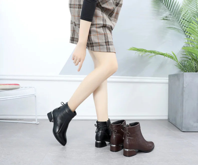 GKTINOO New Ankle Boots Women Pointed Toe Thick Heels Genuine Leather Shoes Short Boots Soft Sole Footwear Plus Size 35-43