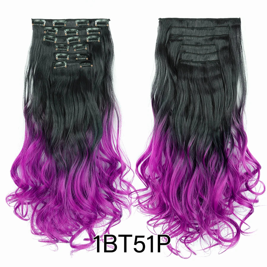 Clip-In Hair Extensions Syntetic Hair 22Inch Long Wave Hair Extensions Ombre Cclip-In One Piece 6Pcs/Set Fake Hairpiece