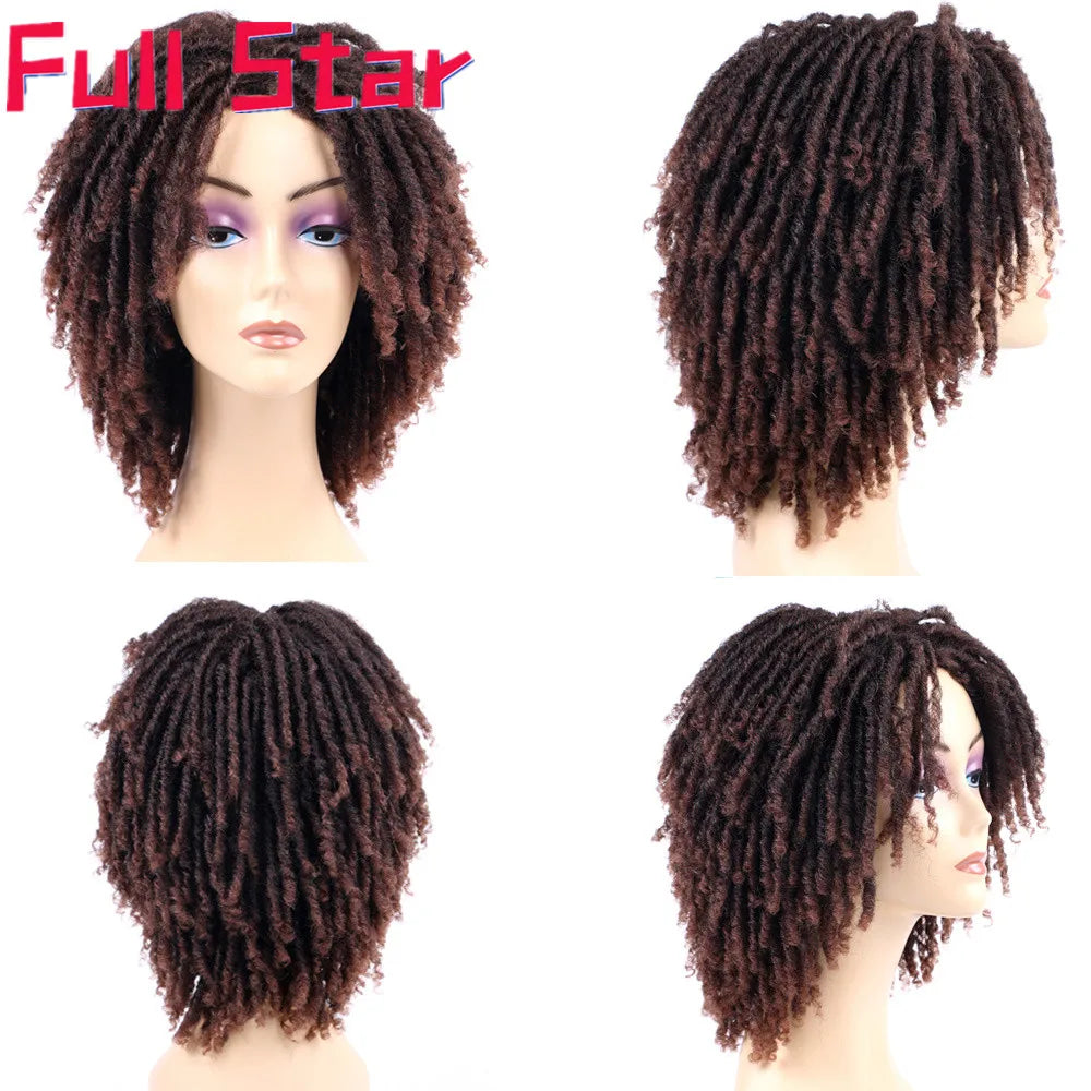 Full Star 14“ Dreadlock Curly Wigs for Black Woman Ombre Burgundy Brown Color Short Curly Soul Locs Braids Wigs Party Daily Use
