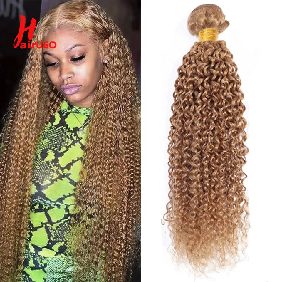 HairUGo Brazilian Kinky Curly Hair Bundles 27# Brown Remy 1/2/3 Kinky Curly Human Hair Weave Hair Extensions Blonde Hair Weaving