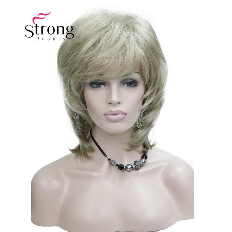 StrongBeauty Short Layered Brown with Blonde Highlighted Classic Cap Full Synthetic Wig Women's Hair Wigs for Women
