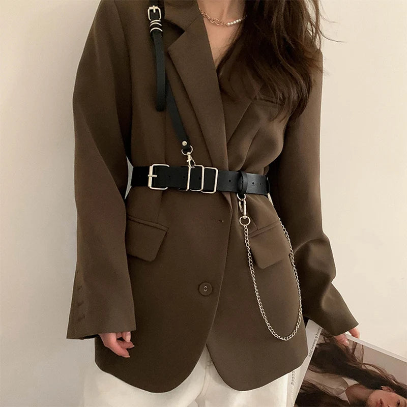 Punk Belt Women Dress Wide Chain Waistband Leather harness Ladies Corset Fashion Waist Belts Casual Dress PJ437