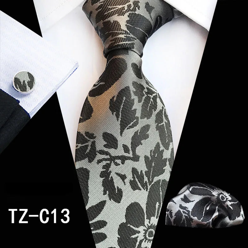Ricnais Fashion 8cm Men's Silk Tie Set Red Green Floral Handkershief Cufflinks Necktie Suit Business Wedding Neck Ties Set Gift