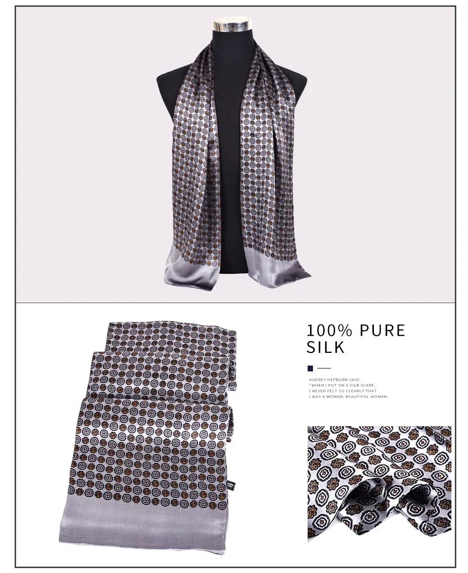 BYSIFA| New Silver Grey Man100% Silk Scarf Printed Fashion Brand Male Long Scarves Men Scarf Fall Winter Pure Silk Scarf160*26cm