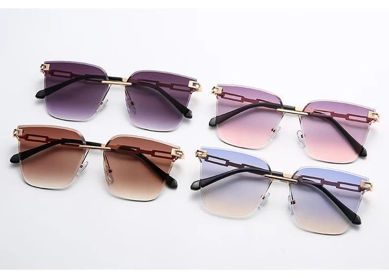 New Sunglasses Women Rimless Cat Eye Eyewear Gradient Brown Cutting Lens Sun Glasses For Female Alloy Eyeglasses Brand Designer