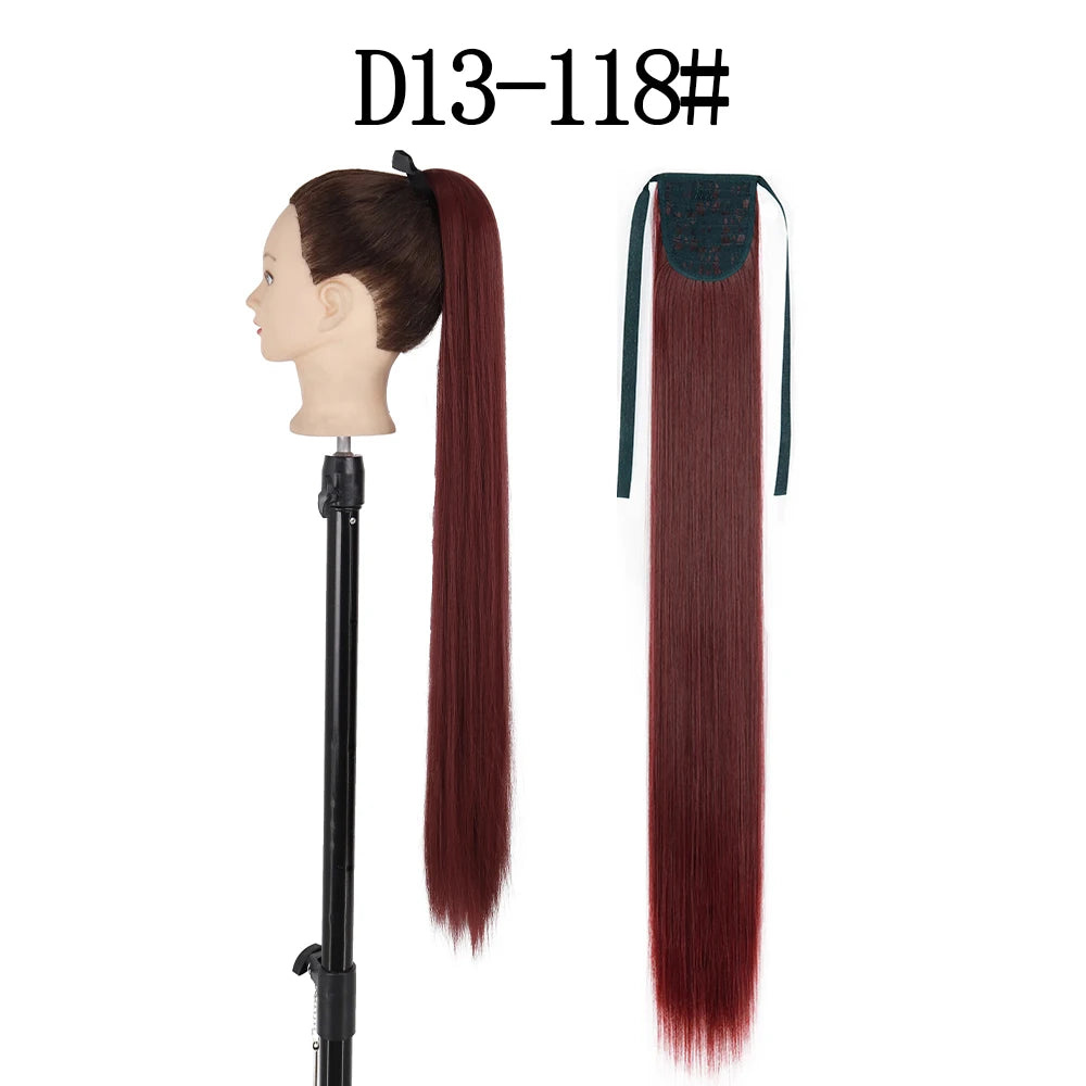 LISI GIRL Synthetic 34" 22" Long Straight Ribbon Fake Ponytails Clip on Hair Tail Extensions Black Hair Pieces With Hairpins