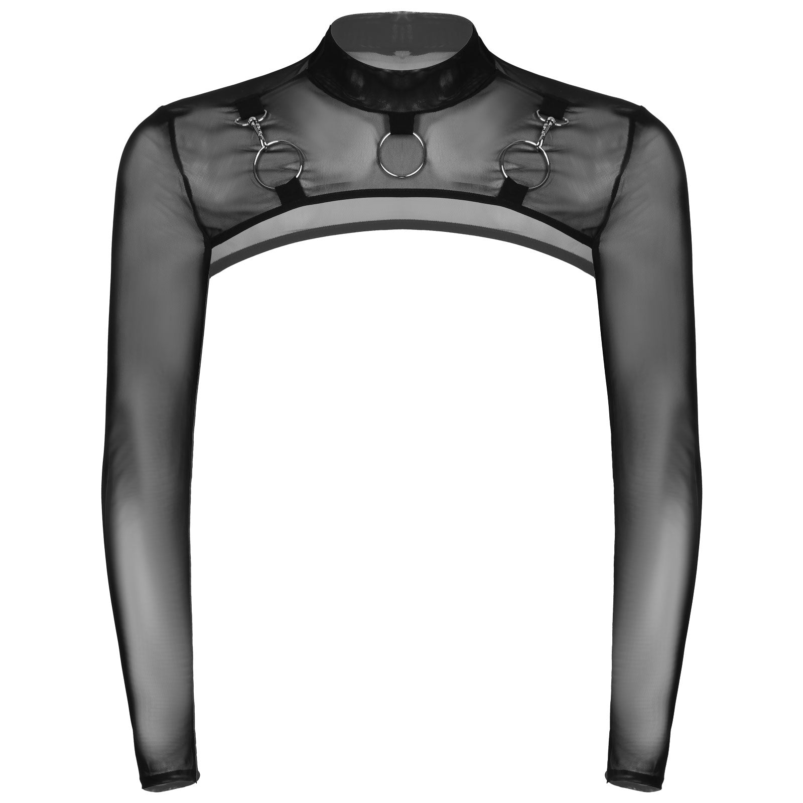 MSemis Male Mens Transparent Moto Sexy Tops Long Sleeve O-Ring Decor T-Shirt See-Through Mesh Half Crop Top Party Clubwear