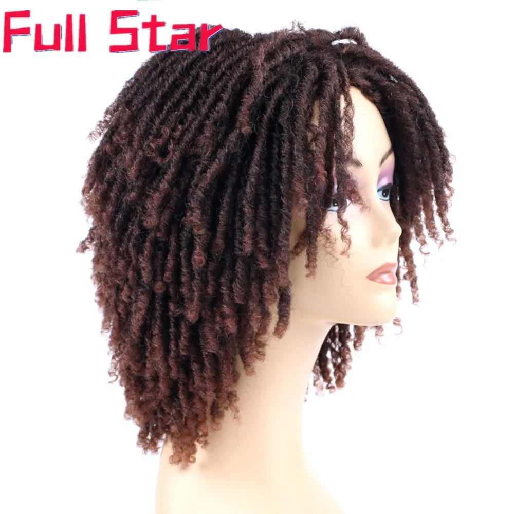 Full Star 14“ Dreadlock Curly Wigs for Black Woman Ombre Burgundy Brown Color Short Curly Soul Locs Braids Wigs Party Daily Use