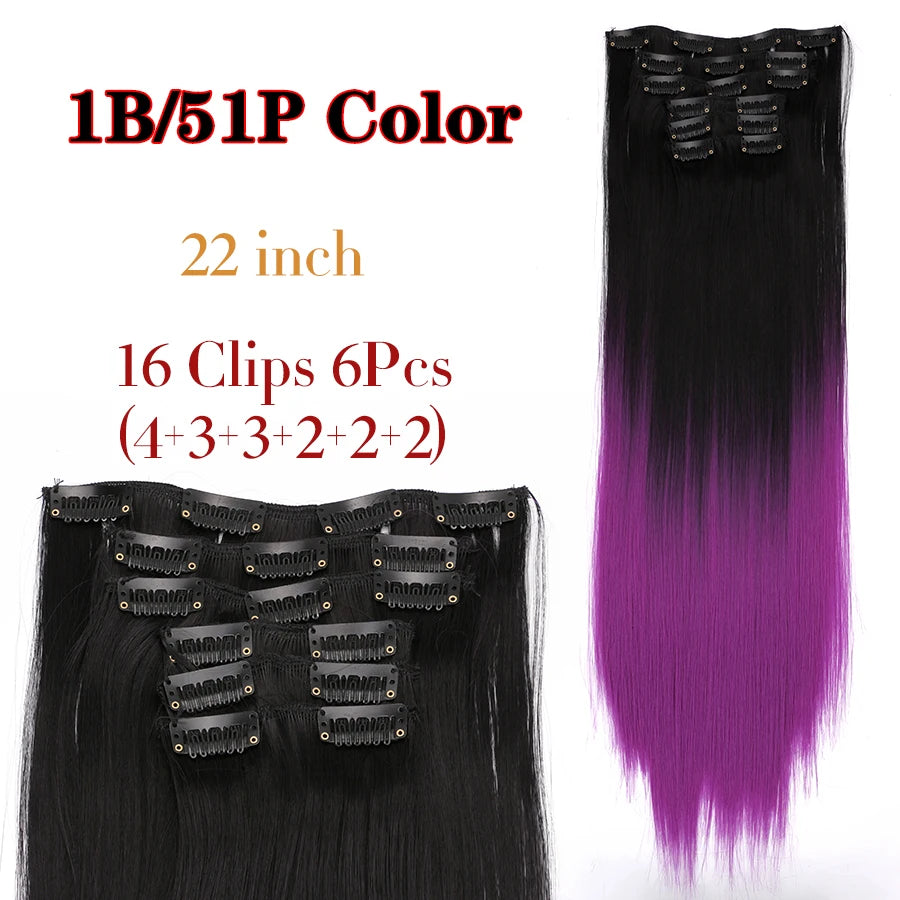 Clip-In Hair Extensions Syntetic Hair 22Inch Long Wave Hair Extensions Ombre Cclip-In One Piece 6Pcs/Set Fake Hairpiece