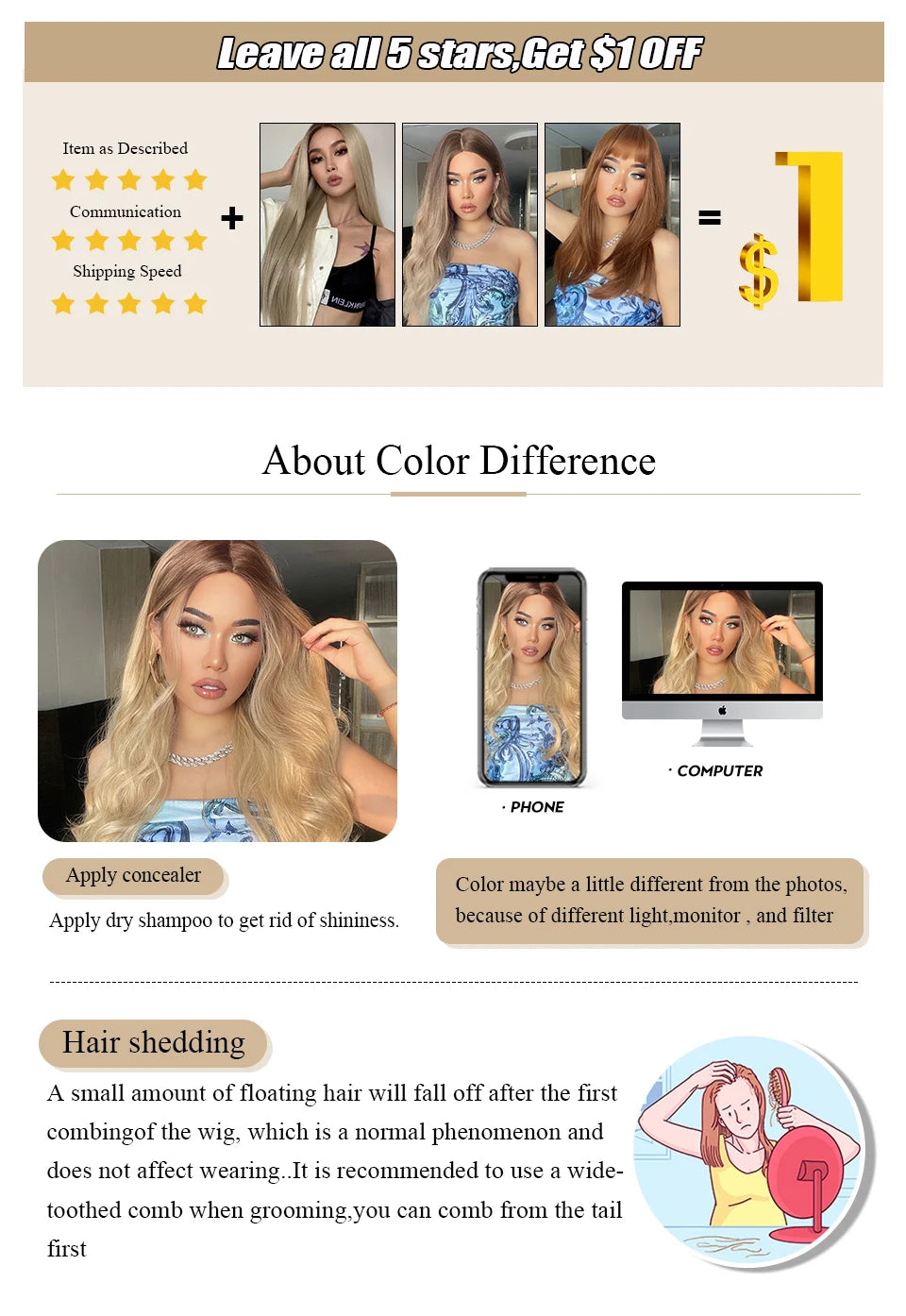 EASIHAIR Ombre Brown Light Blonde Platinum Long Wavy Middle Part Hair Wig Cosplay Natural Heat Resistant Synthetic Wig for Women