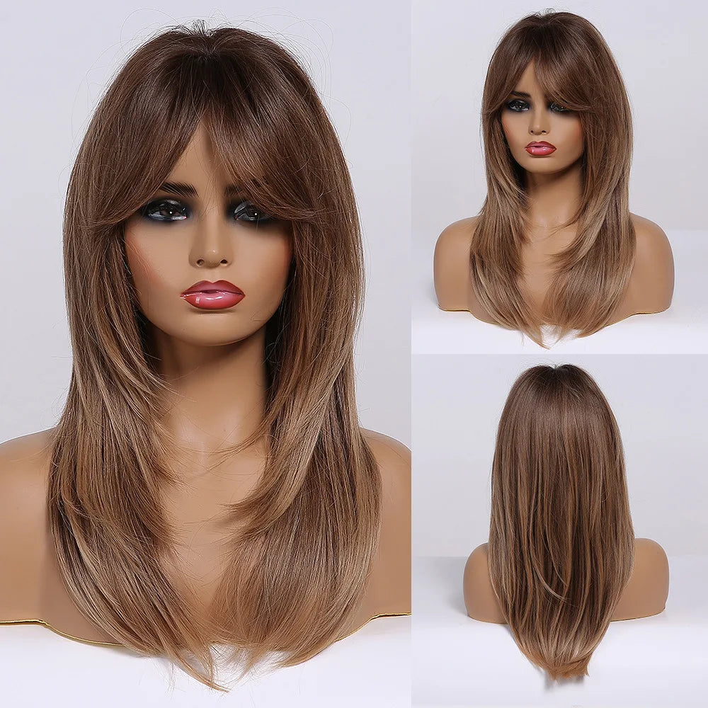 ALAN EATON Long Straight Layered Synthetic Wigs with Bangs Blonde Highlights on Brown Wigs for Black Women Afro Daily Party Hair