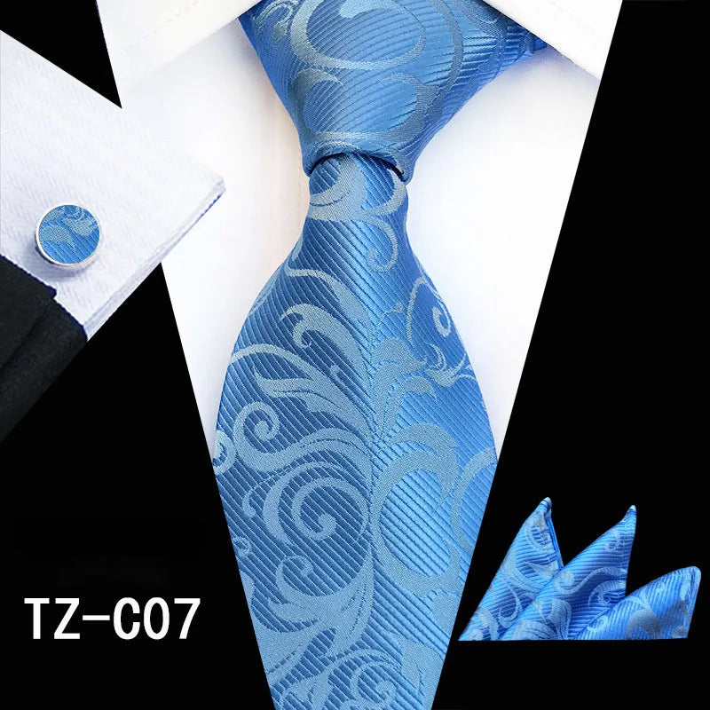 Ricnais Fashion 8cm Men's Silk Tie Set Red Green Floral Handkershief Cufflinks Necktie Suit Business Wedding Neck Ties Set Gift