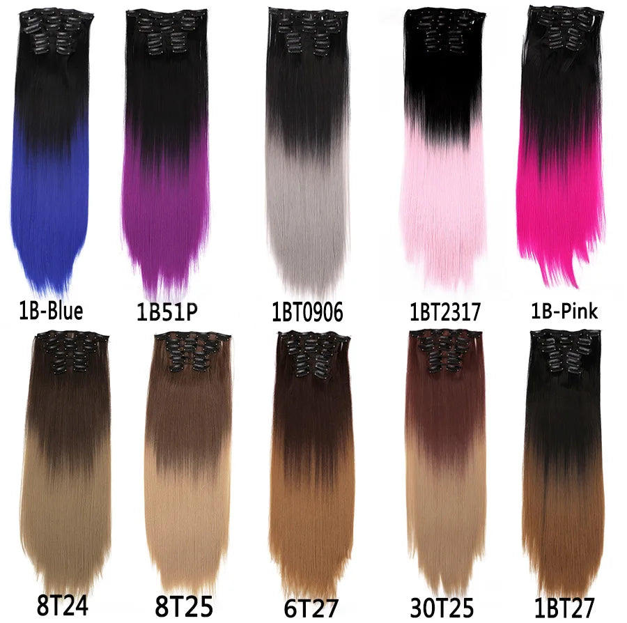 Clip-In Hair Extensions Syntetic Hair 22Inch Long Wave Hair Extensions Ombre Cclip-In One Piece 6Pcs/Set Fake Hairpiece