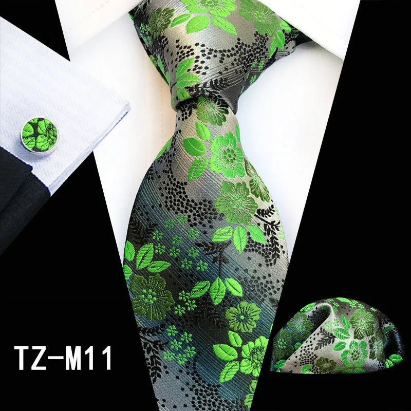 Ricnais Fashion 8cm Men's Silk Tie Set Red Green Floral Handkershief Cufflinks Necktie Suit Business Wedding Neck Ties Set Gift