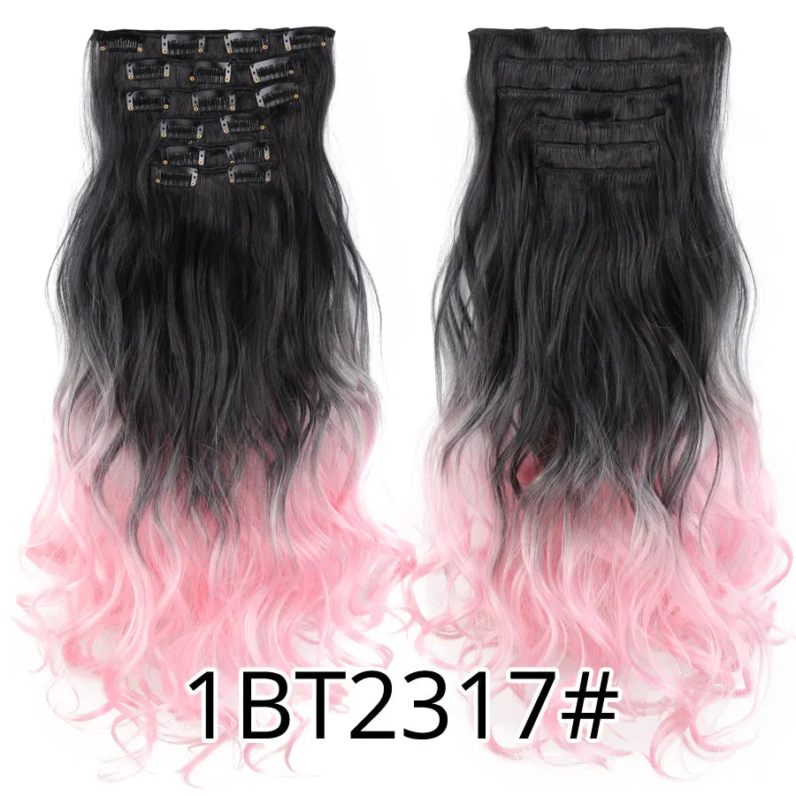 Clip-In Hair Extensions Syntetic Hair 22Inch Long Wave Hair Extensions Ombre Cclip-In One Piece 6Pcs/Set Fake Hairpiece