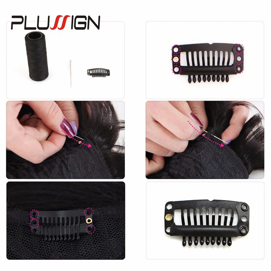 Plussign 10Pcs/Lot Brown Black Rubber Wig Clips and Combs For Hair Extensions 32mm Wire Shape Wig Cap Clips For Sale
