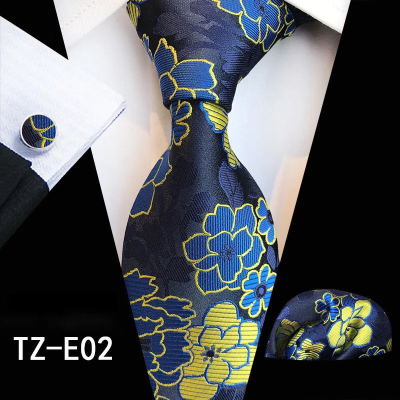 Ricnais Fashion 8cm Men's Silk Tie Set Red Green Floral Handkershief Cufflinks Necktie Suit Business Wedding Neck Ties Set Gift