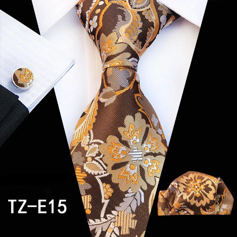 Ricnais Fashion 8cm Men's Silk Tie Set Red Green Floral Handkershief Cufflinks Necktie Suit Business Wedding Neck Ties Set Gift