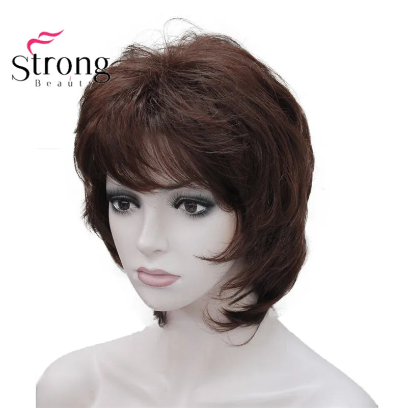 StrongBeauty Short Layered Brown with Blonde Highlighted Classic Cap Full Synthetic Wig Women's Hair Wigs for Women