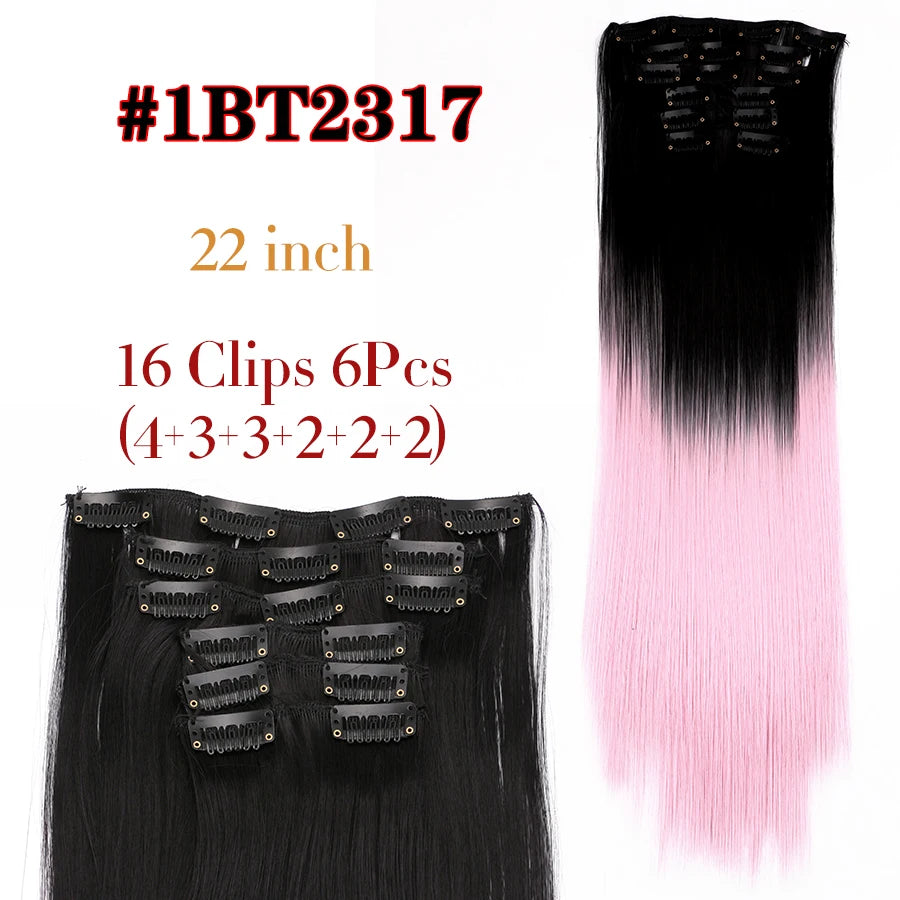 Clip-In Hair Extensions Syntetic Hair 22Inch Long Wave Hair Extensions Ombre Cclip-In One Piece 6Pcs/Set Fake Hairpiece