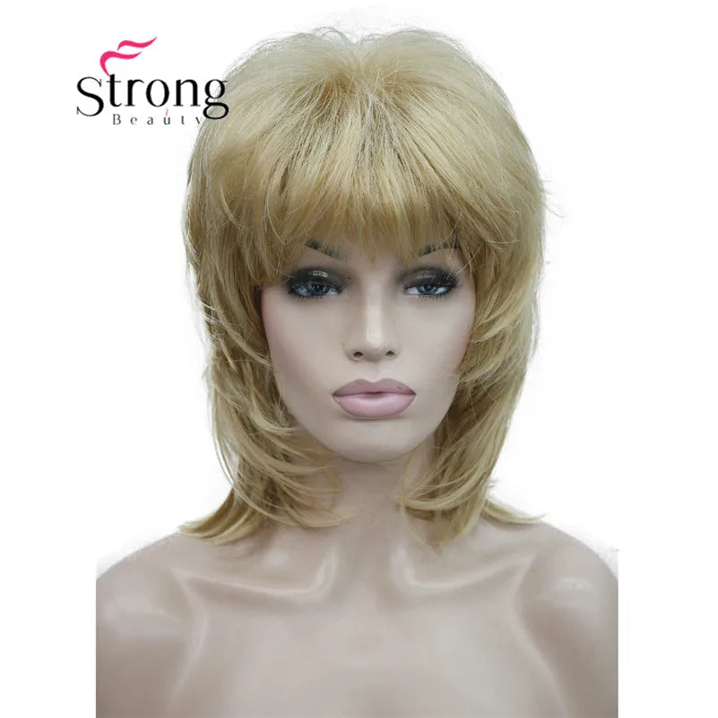 StrongBeauty Short Layered Brown with Blonde Highlighted Classic Cap Full Synthetic Wig Women's Hair Wigs for Women