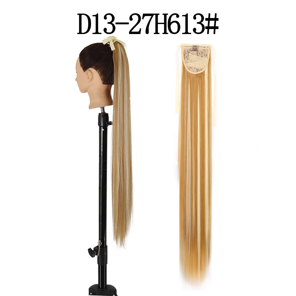 LISI GIRL Synthetic 34" 22" Long Straight Ribbon Fake Ponytails Clip on Hair Tail Extensions Black Hair Pieces With Hairpins