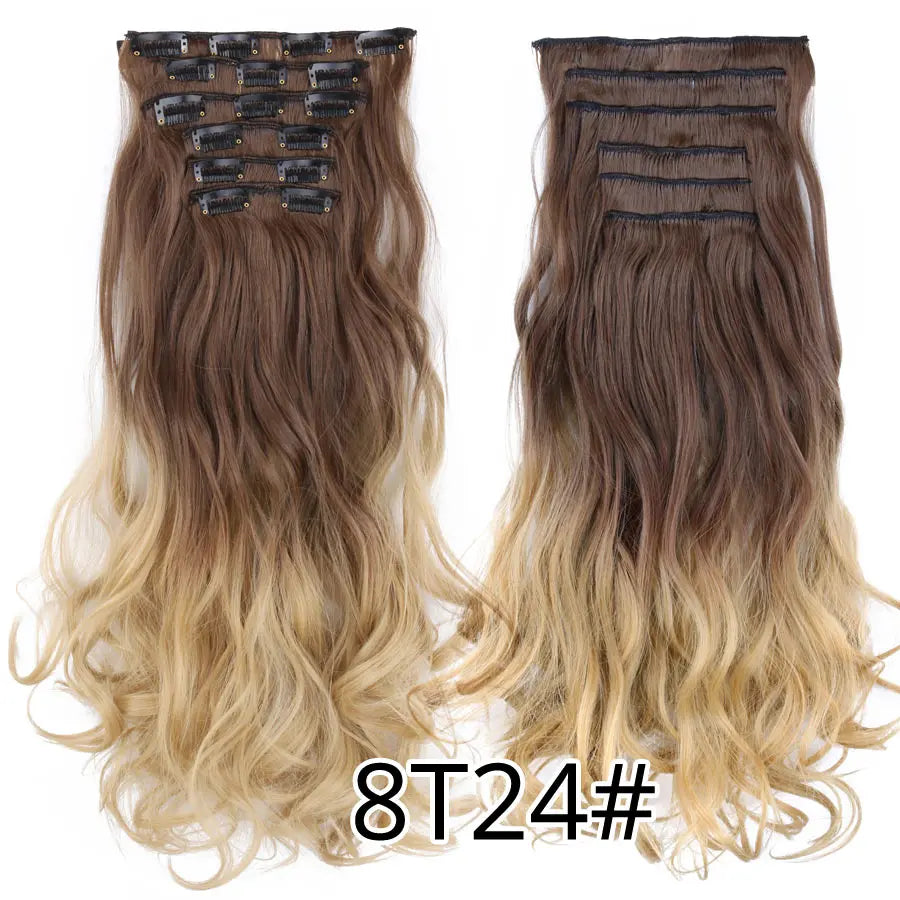 Clip-In Hair Extensions Syntetic Hair 22Inch Long Wave Hair Extensions Ombre Cclip-In One Piece 6Pcs/Set Fake Hairpiece