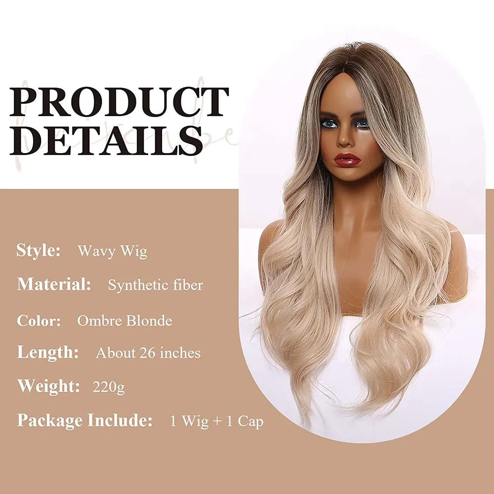 EASIHAIR Ombre Brown Light Blonde Platinum Long Wavy Middle Part Hair Wig Cosplay Natural Heat Resistant Synthetic Wig for Women